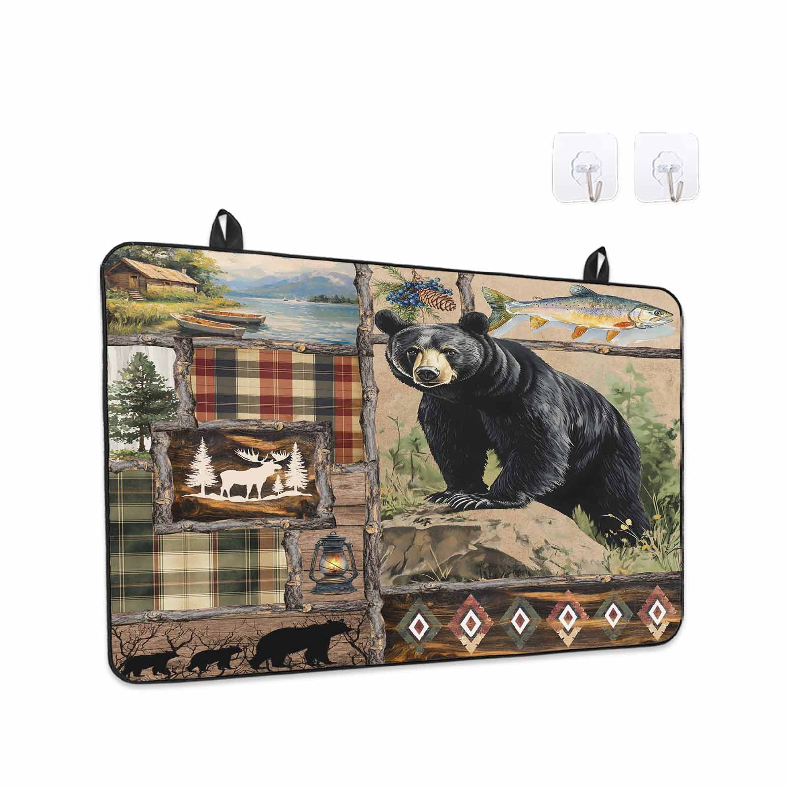 Vintage Black Bears Stove Top Cover for Electric Stove, Heat-proof & Non Slip Glass Top Stove Cover Protector, Abstract Country Plaid Fish Retro Kitchen Flat Cooktop Rubber Mat 24x21 Inches