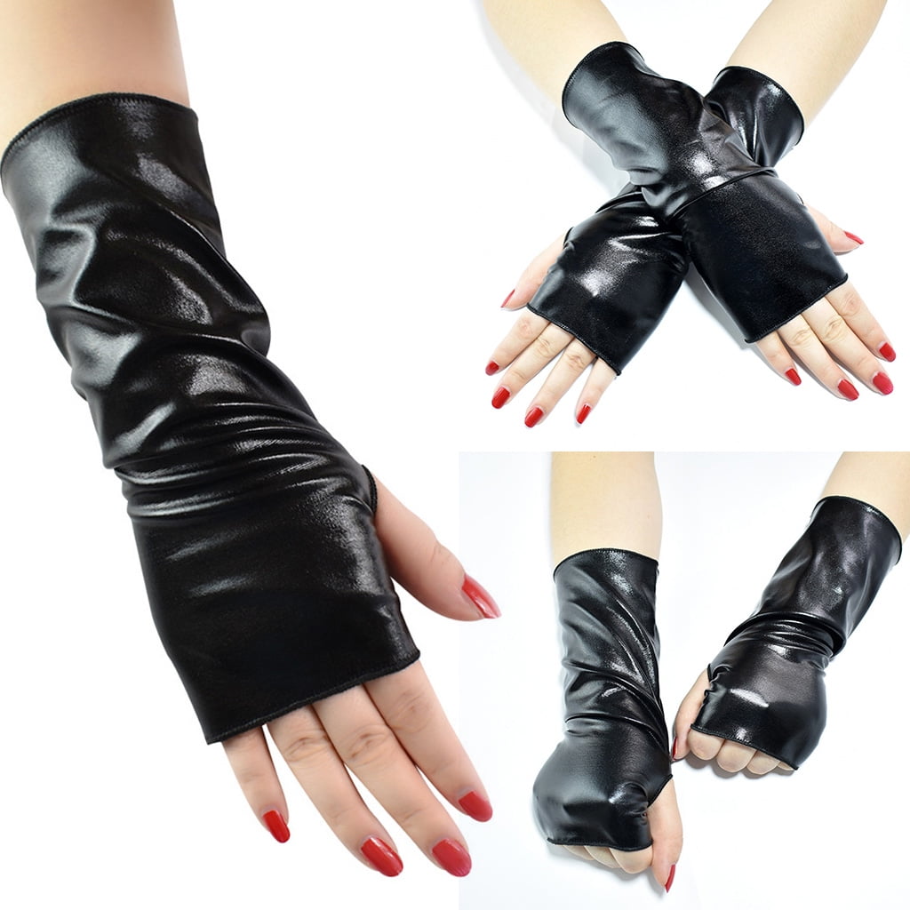Black Faux Leather Womens Gloves With Metal Beads & Zipper Biker Glove