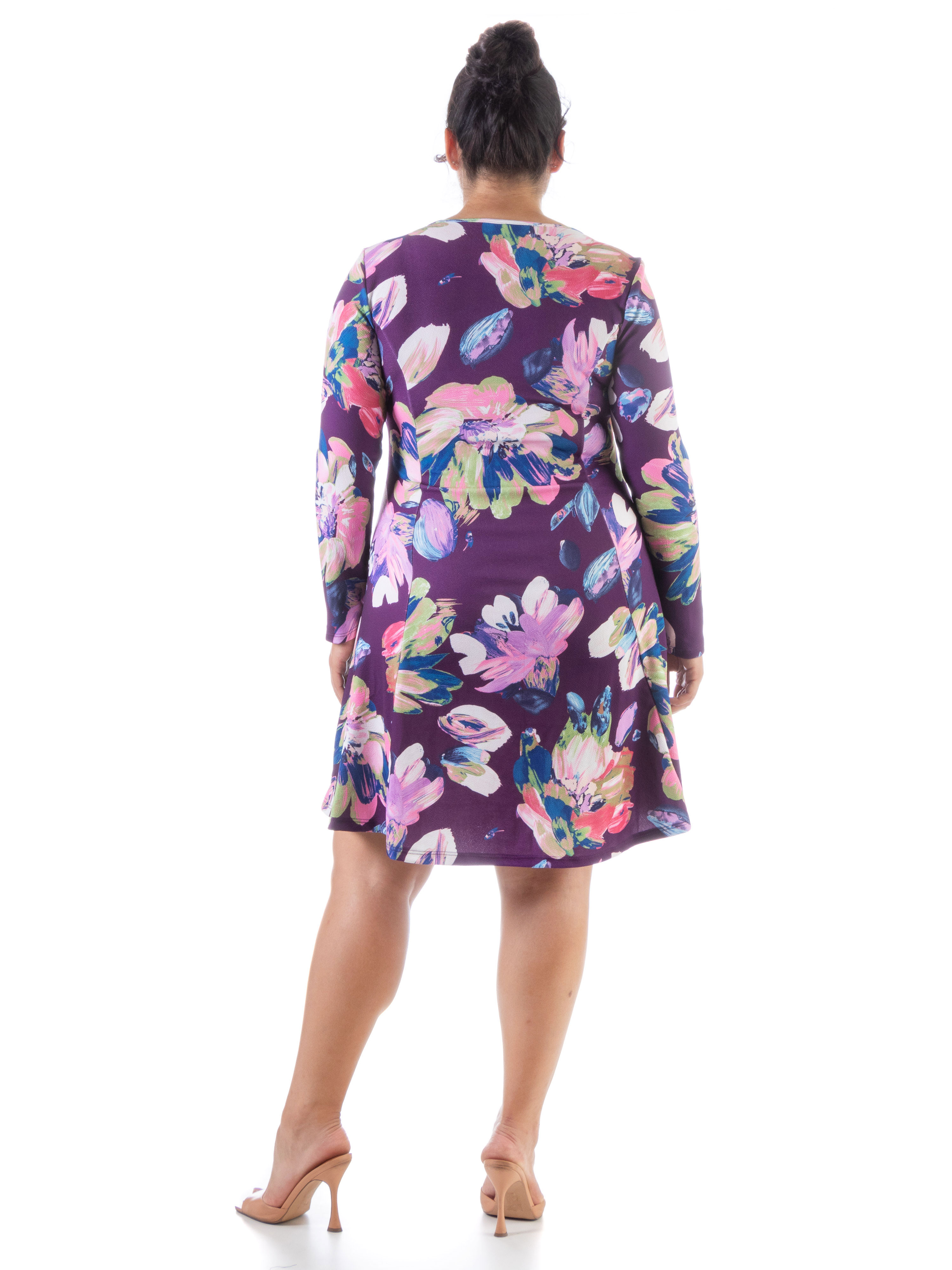 24/7 Comfort Apparel Womens Plus Floral Purple Long Sleeve Knee Length Dress