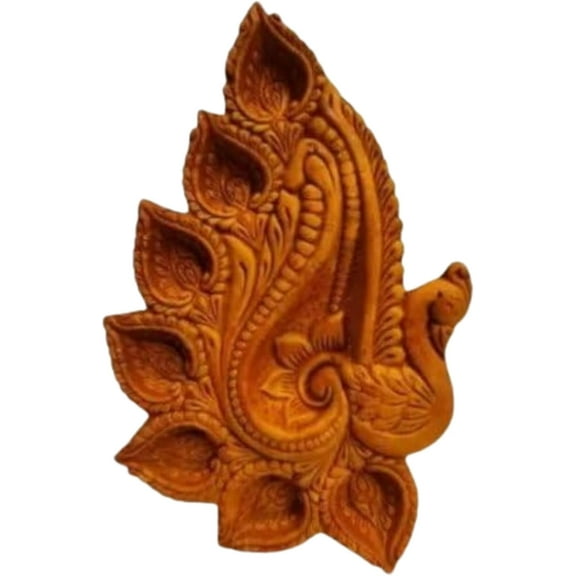 Handmade Peacock 5 Face Panchmukhi Plate Diya Decorative Gift for Diwali and Pooja Celebration, Brown
