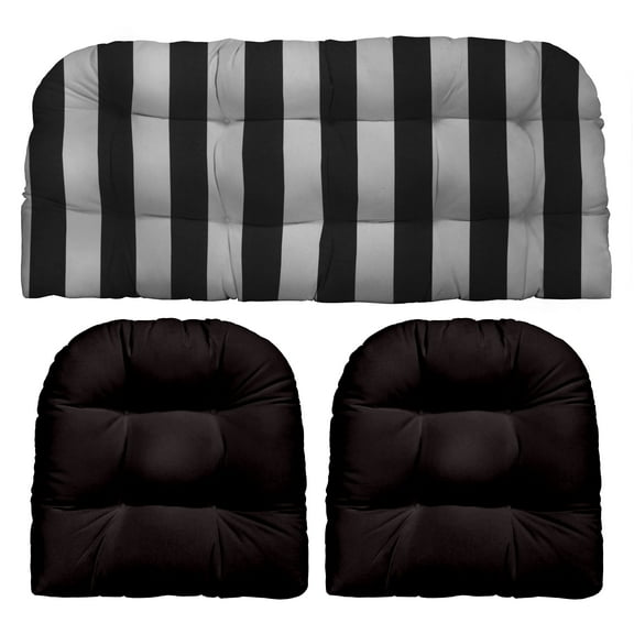 RSH Décor Indoor Outdoor 3 Piece Tufted Wicker Cushion Set, Standard, Black & White Stripe   Black