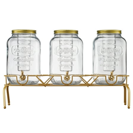 KFFKFF Set of 3 Beverage Dispensers, 2-Gallon Glass Drink Containers with Metal Stand, Stainless Steel Spigot, and Infuser, Ideal for Serving Iced Tea, Lemonade, Juice, or Water at Gatherings