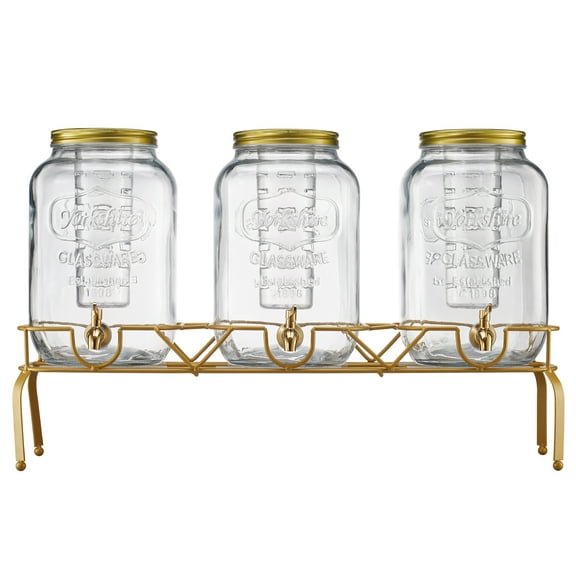 KFFKFF Set of 3 Beverage Dispensers, 2-Gallon Glass Drink Containers with Metal Stand, Stainless Steel Spigot, and Infuser, Ideal for Serving Iced Tea, Lemonade, Juice, or Water at Gatherings