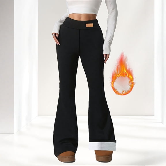 Fleece Lined Flare Leggings for Women Long - Warm Thermal Patterned Tights Winter Yoga Pants Thick Soft Sweatpants Black L