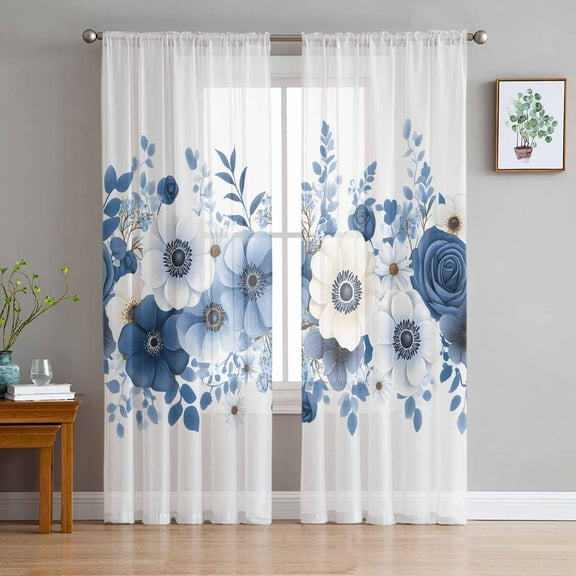 White Blue Floral Sheer Curtains 63 Inches Length 2 Panels Set, Window Sheer Curtains for Living Room/Bedroom, Elegant Leaves Spring Flowers Light Filtering Rod Pocket Curtain 52'' x 63'' x 2