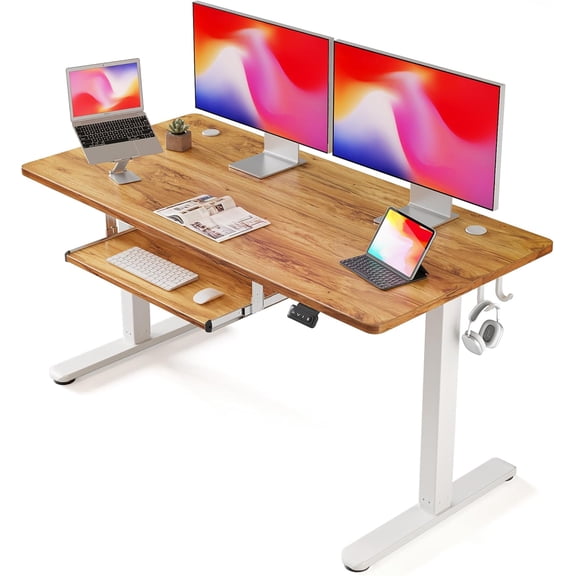 FEZIBO Standing Desk with Keyboard Tray, 48 × 24 Inches Electric Height Adjustable Desk, Sit Stand Up Desk, Computer Office Desk, Light Rustic