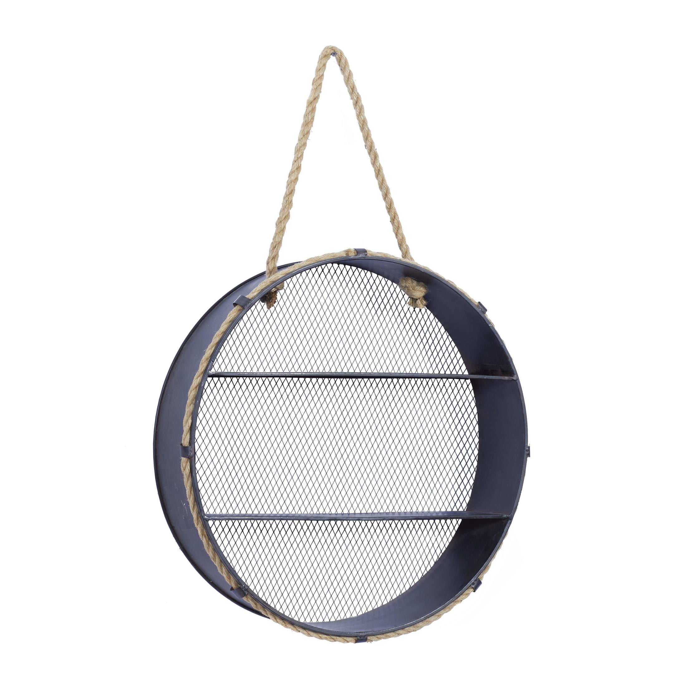 DecMode 24" x 6" Round 2-Tier Black Wall Shelf with Hanging Rope