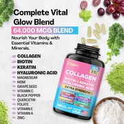 Collagen Pills Peptides Types I, II, III, V & X 64,000 MCG Biotin Keratin Hyaluronic Acid MSM Vitamin A Vitamin C Vitamin E Folic Acid Zinc Magnesium with Grape Seed Extract, Quercetin (180 Caps)
