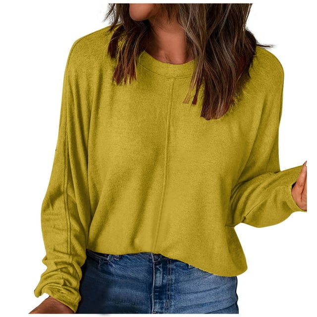 Yuyuzo Hauts Grande Taille pour Femmes Chic Mode Décontracté Couleur Unie Chemises de Bas Manches Longues Col Rond Hauts