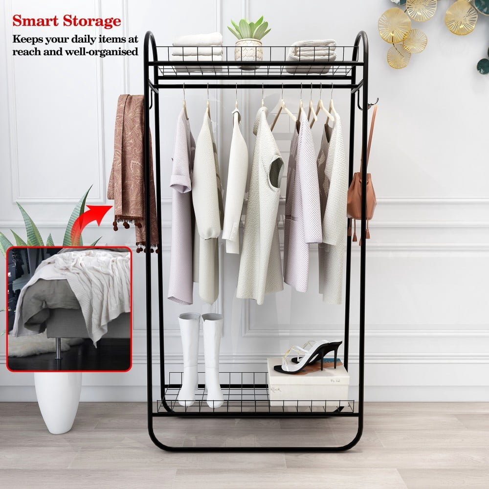 Heavy Duty Garment Rack, Freestanding Metal Clothes Rack with Double Shelves, 200 lbs Capacity, Portable Rolling Clothing Rack, Black