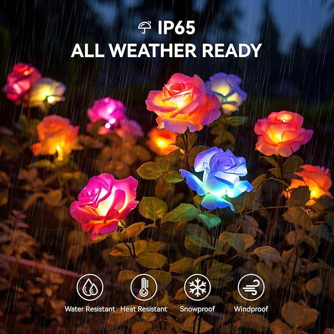 KOMI Solar Garden Lights Outdoor, 4 Pack Solar Lights Outdoor with 20 Rose Flowers, Waterproof 7 Color Changing Solar Powered Flowers Lights for Outside Patio Yard Pathway