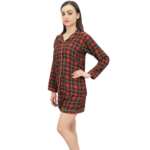 Bimba Women Full Sleeve Sleepwear Check Print Shirt And Shorts 2 Pcs Set - 8
