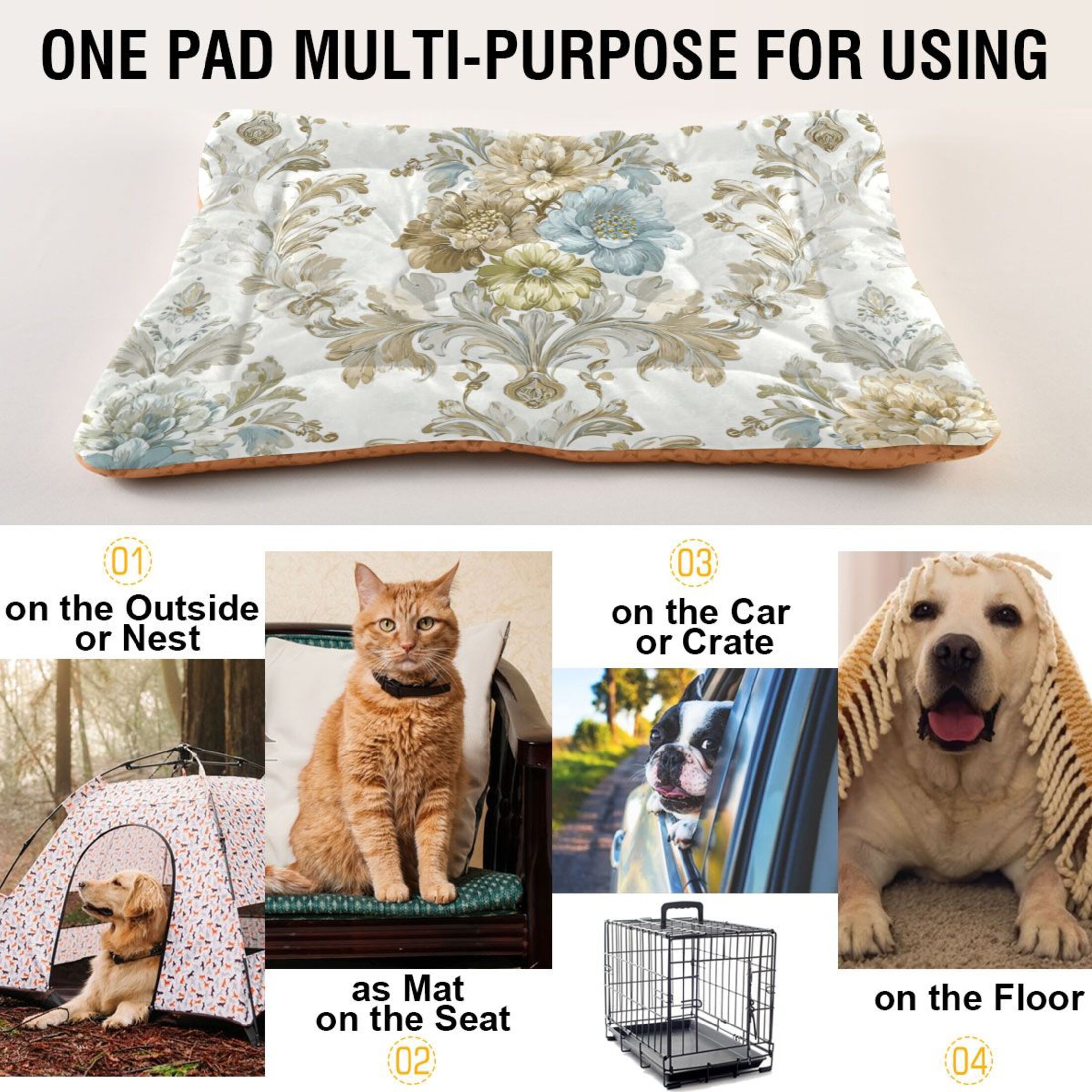 Cozy Mat Pet Bed Indoor Outdoor Warm Soft For Cat Dog Puppy(S/M) Elegant Damask Pattern