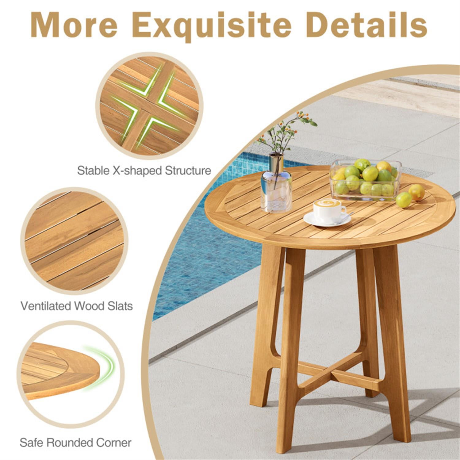 Demi Bonn 31.5" Patio Side Table with Slatted Tabletop and X-shaped Frame, Outdoor Dining Table for Garden Yard Patio, Beige