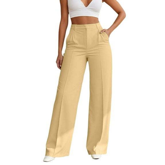 Telankuip Womens High Waist Wide Leg Dress Work Pants Loose Fit Straight Office Long Pants Lightweight Comfy Business Casual Solid Color Baggy Trousers with Pockets Yellow XL