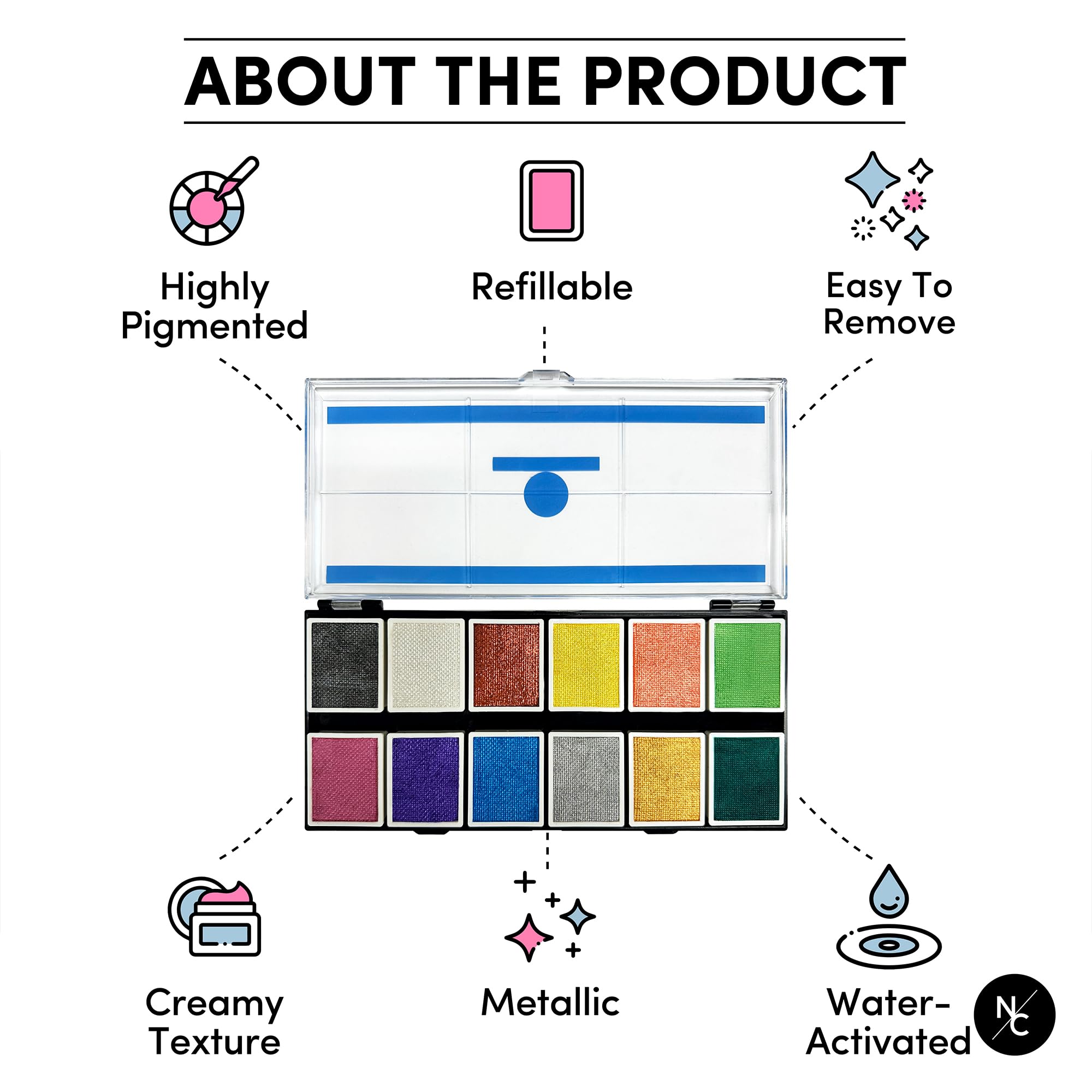 Narrative Cosmetics Metallic 12-Color Palette - Luxurious Water-Activated Makeup for Face & Body - Shimmering Shades for SFX, Cosplay, Theater, Film & TV Makeup Artists