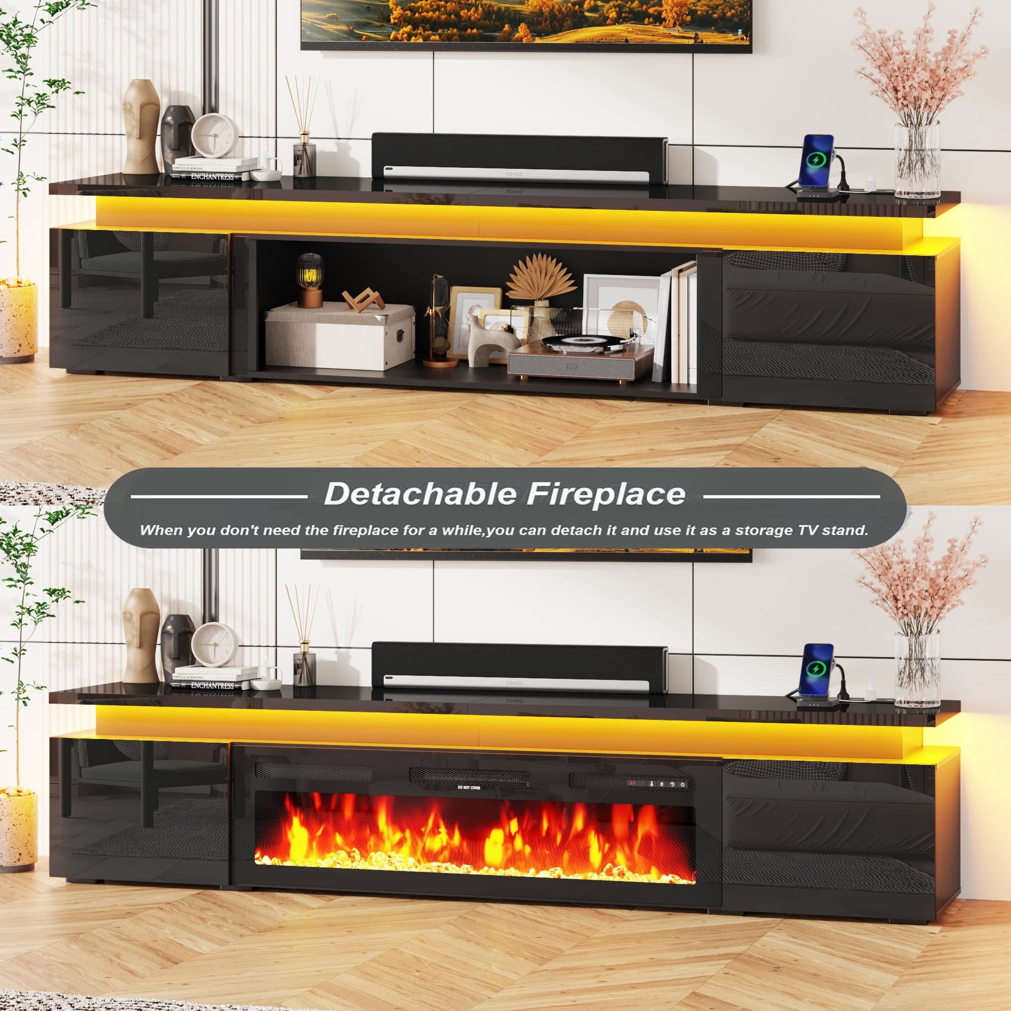 90" LED TV Stand with 50" Fireplace for 98 100 inch TVs, Glossy Fireplace TV Stand Gaming Entertainment Center with Power Outlet for Modern Living Room
