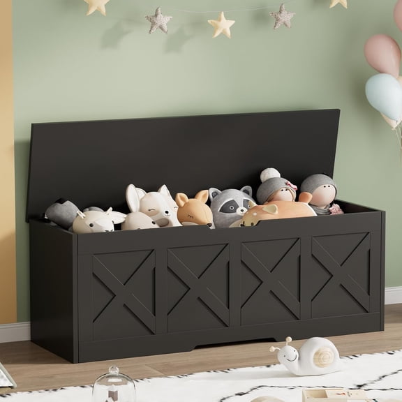 47.2" Extra-Large Wooden Storage Chest, Farmhouse Storage Bench | Toy Box with Safety Hinge, Easy Assembly, for Bedroom, Living Room & Entryway, Black