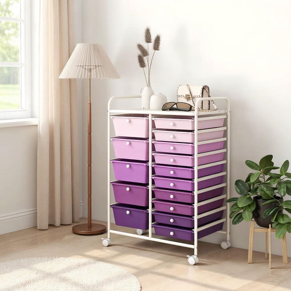 Barara King Storage Cart, Organization Storage Cart,15-Drawer Utility Rolling Organizer Cart Multi-Use Storage-Purple