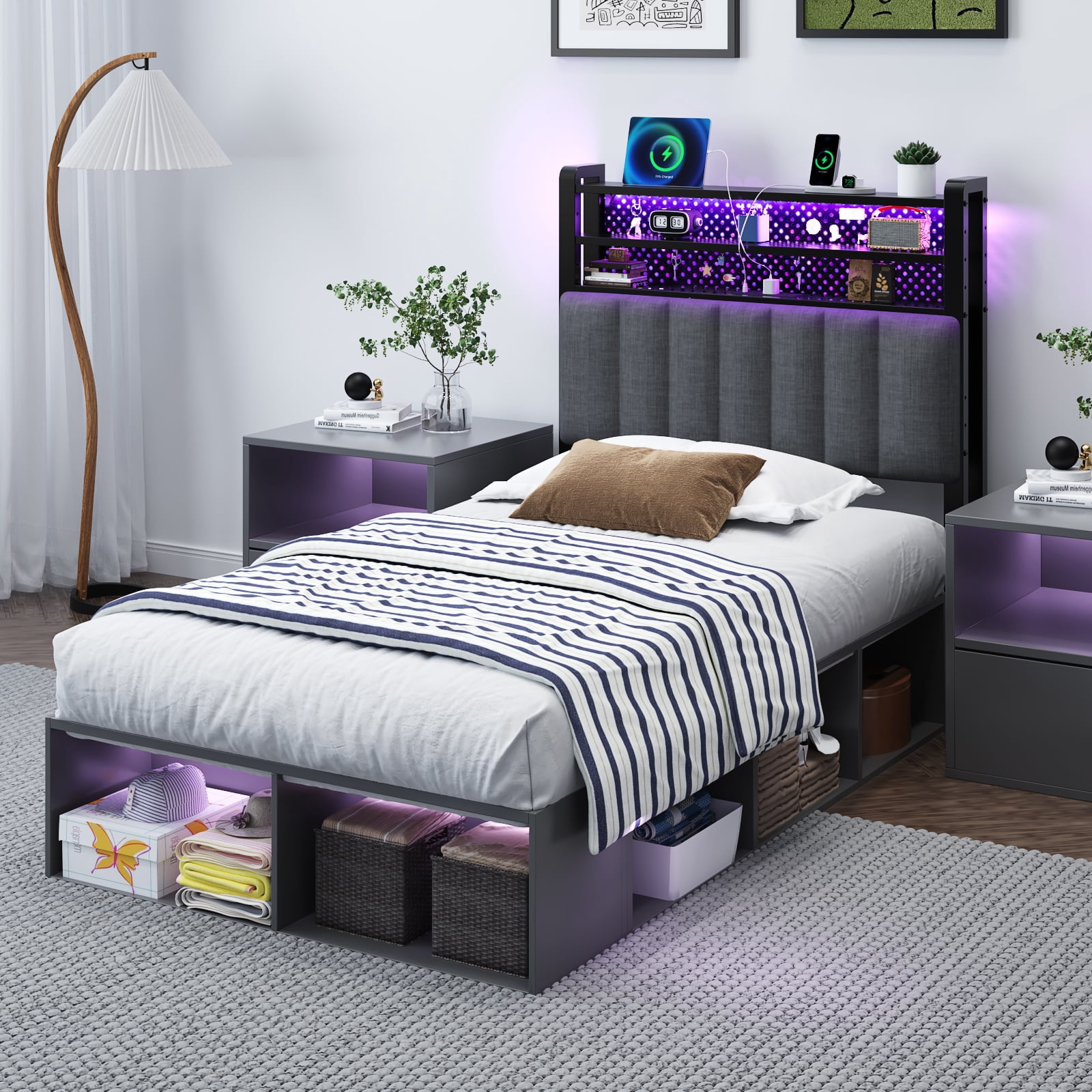 Zimtown Headboard for Twin Size Bed with Storage, Linen Upholstered Head Board with LED Light and Charging Station, Gray
