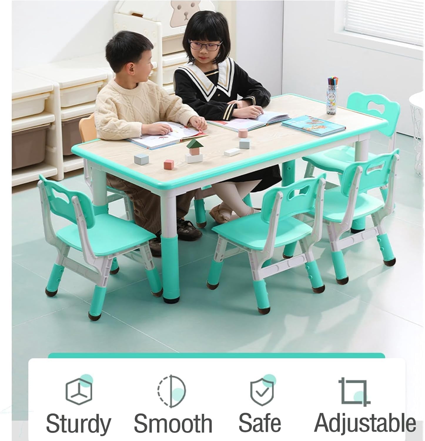 COZONY Adjustable Kids Table and 6 Chairs Set, Toddler Play Activity Table Set with Graffiti Desktop for Reading, Drawing, Eating, Studying, Aged for 2-10, Lake Blue