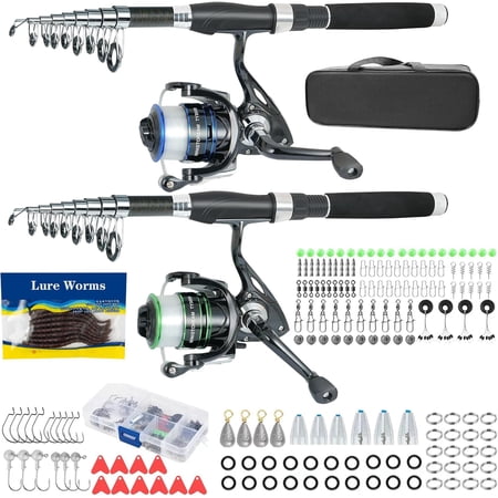 Fishing Pole Combo 2PCS 6.89ft Carbon Fiber Fishing Rods Spinning Reels 170Pcs Worm Lure Kit Texas-Rigs-for-Bass Carrier Bag for Travel Freshwater