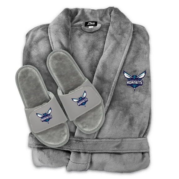 Unisex ISlide  Gray Charlotte Hornets Faux Fur Slide Sandals & Robe Bundle