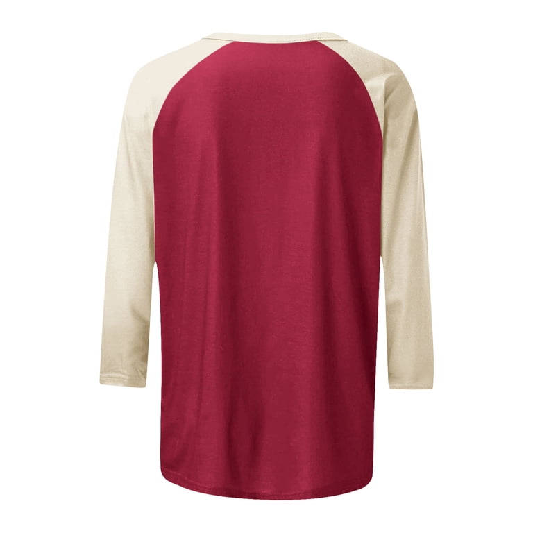 Women's Raglan Baseball Tee - 3/4 Sleeve Round Neck Patchwork Print Blouse, Red