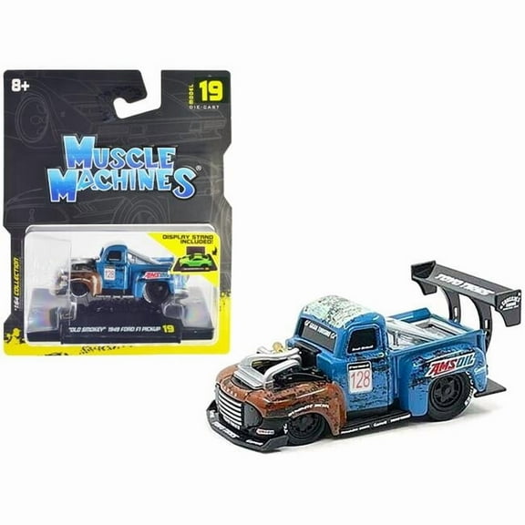 1949 Ford F1 Pickup Truck #128 "Old Smokey" Blue and Brown (Weathered) 1/64 Diecast Model Car by Muscle Machines