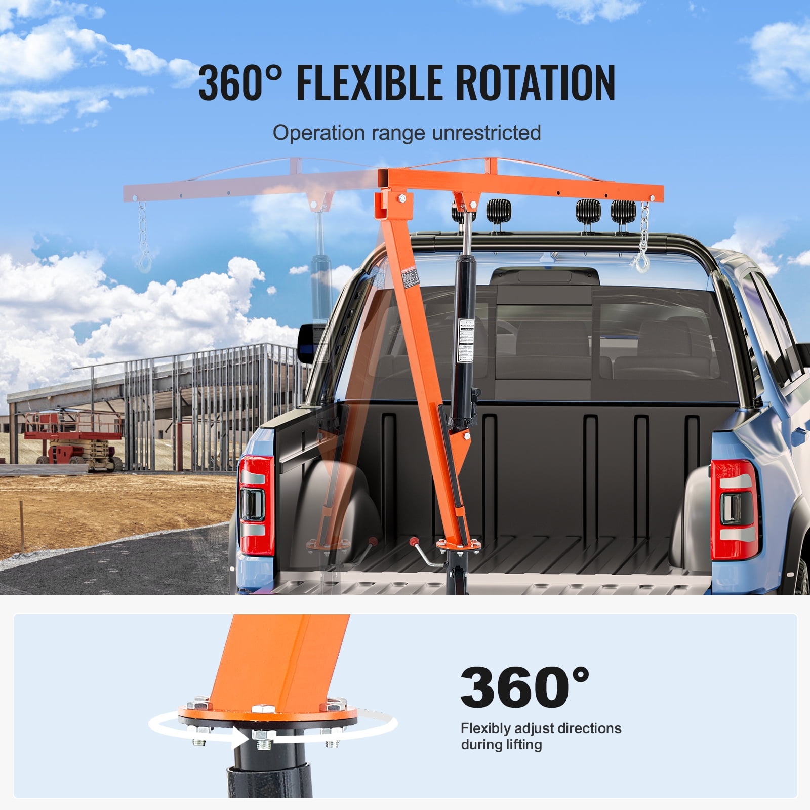 VEVOR Hydraulic Pickup Truck Crane, 1000 lbs Capacity, 360° Swivel, Hitch Mounted Crane with Three Boom Capacities of 500 lbs, 750 lbs & 1000 lbs, for Lifting Goods in Construction, Forestry, Factory