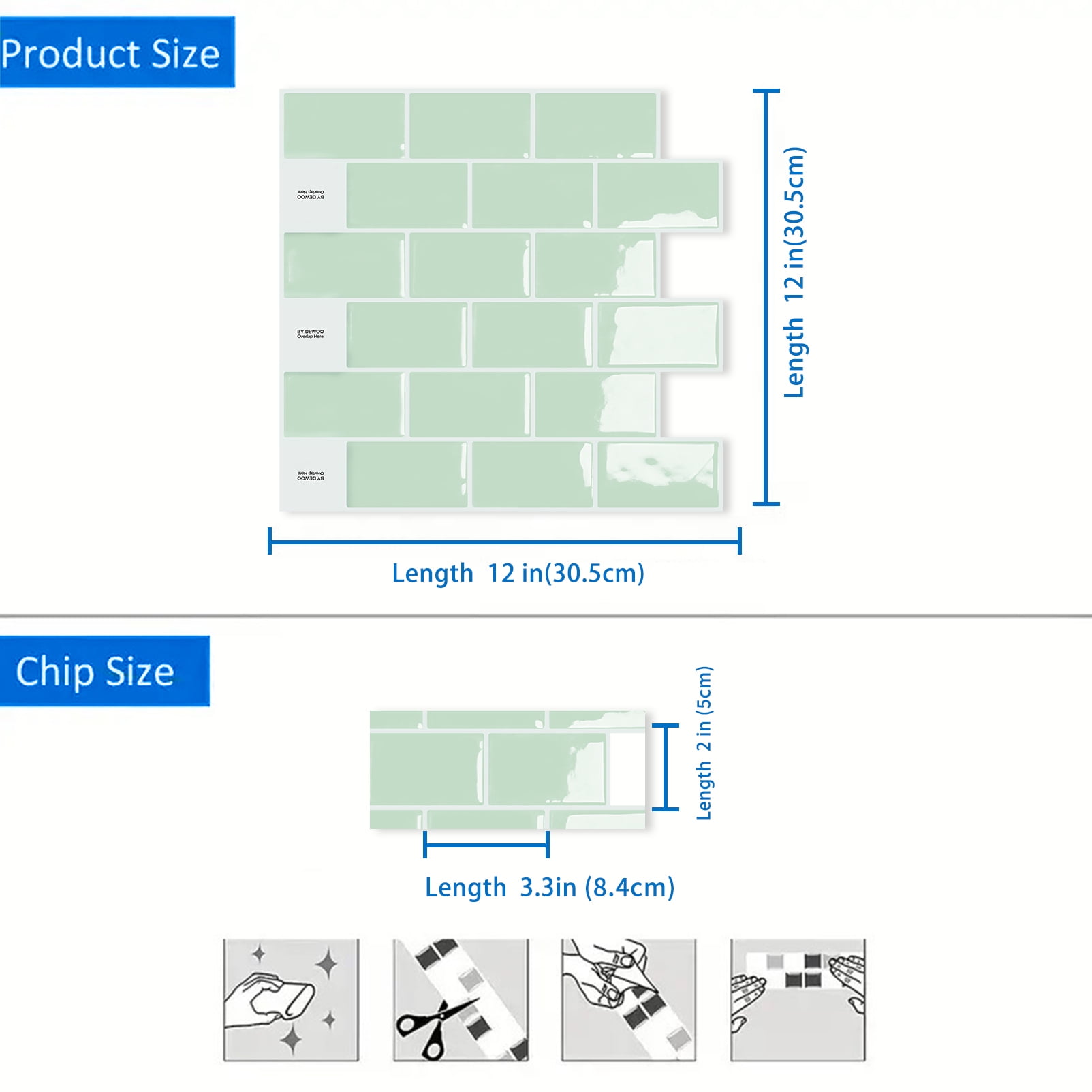 DEWOO Peel and Stick Backsplash - 10 Sheets of 12"×12" - 3D Adhesive Peel and Stick Tile Backsplash for Kitchen, Bathroom, Wall Tile, Light Green