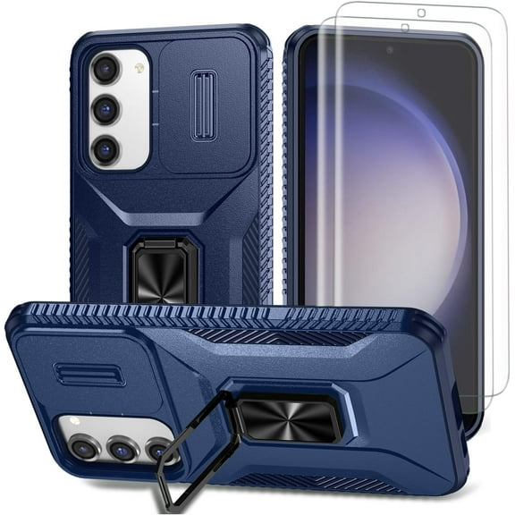 for Samsung Galaxy S23 Plus Case, with Slide Camera Cover and TPU Screen Protector [2 Pack], 360° Rotation Ring Kickstand [Military Grade] Protective Case for Samsung Galaxy S23 Plus (Blue)