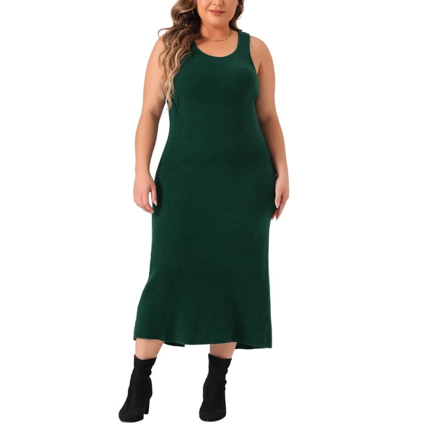 Vestido de suéter sin mangas de talla grande para mujer Agnes Orinda, cuello redondo, estilo bodycon midi, vestido de tanque de primavera 2X verde oscuro