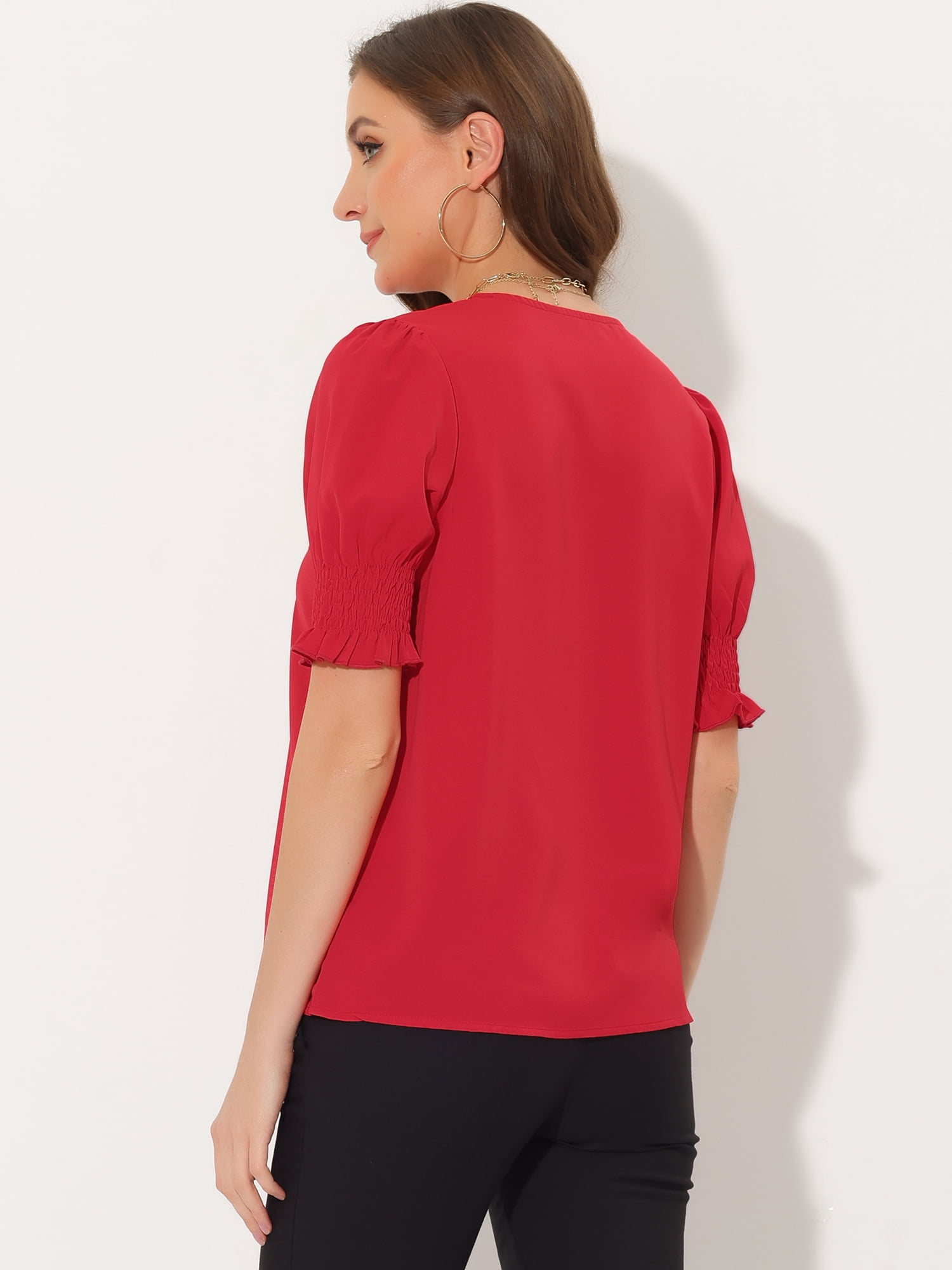 DARING DIVA Women's Puff Short Sleeve Retro V Neck Fashion Top L Red