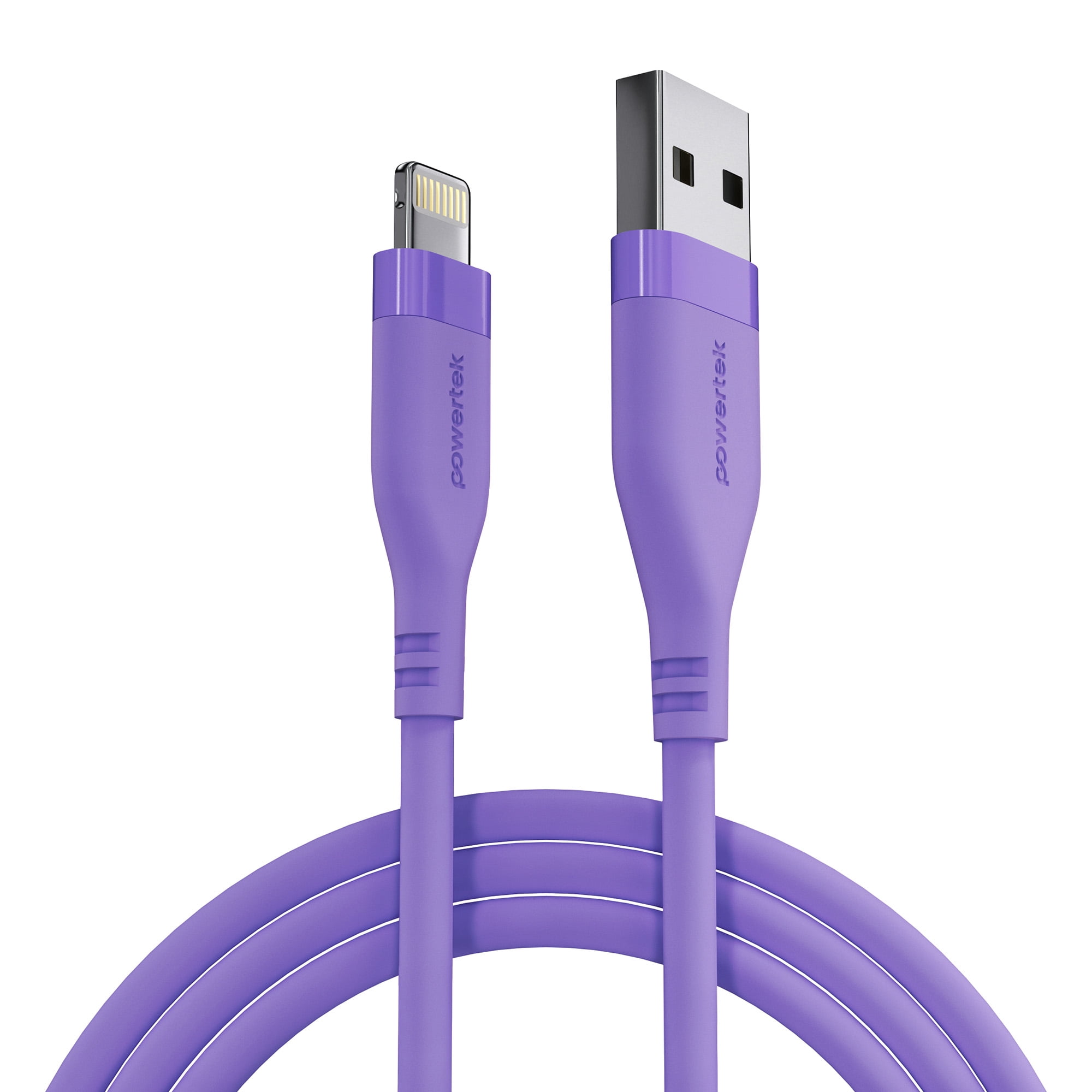 Powertek Neon Purple Silicone USB-A to Lightning Cable 6ft MFi Certified Fast Charging iPhone Charger Cord, Durable Tangle-Free Sync Cable for iPhone, iPad & iPod