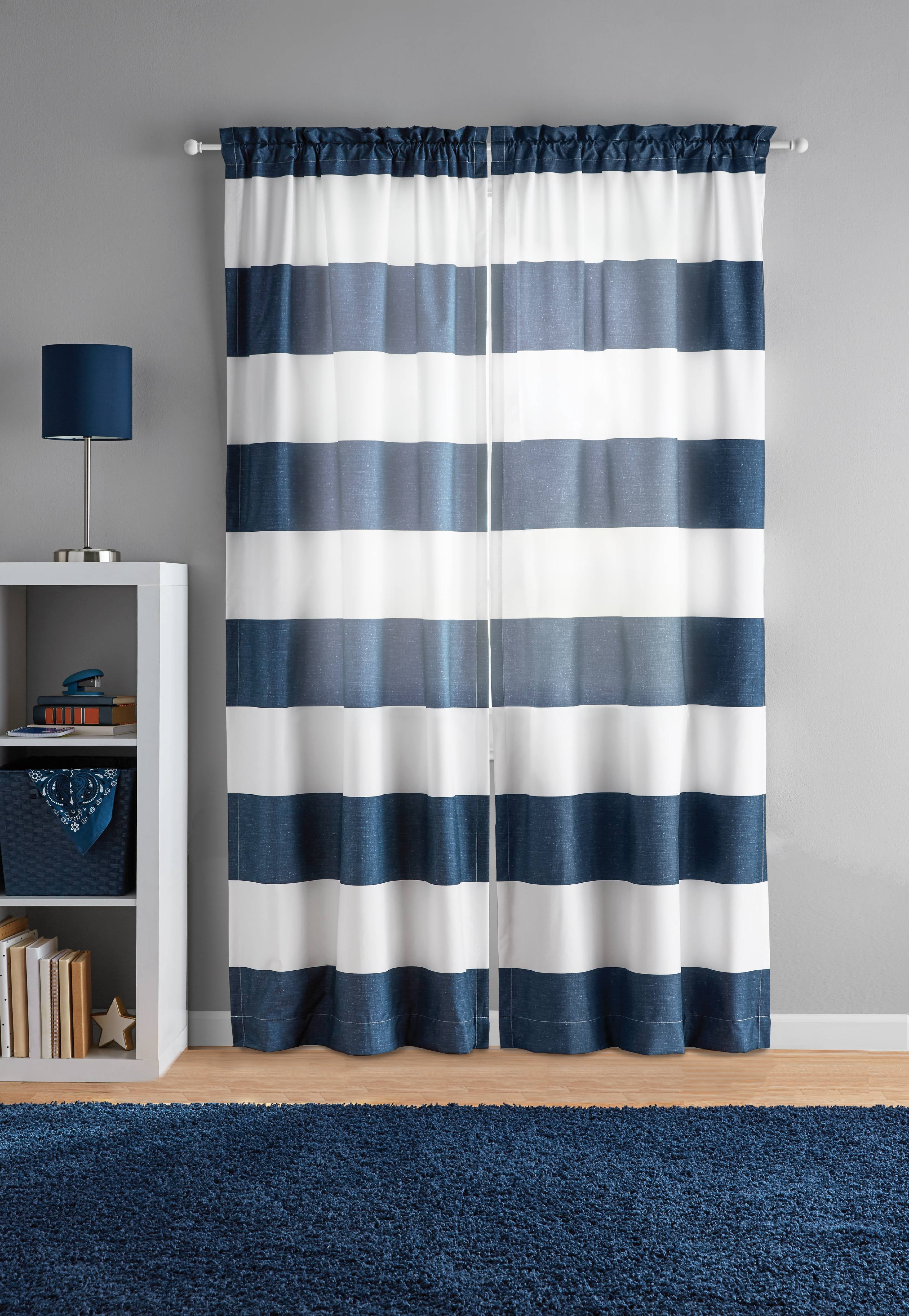 Your Zone Cabana Stripe Room-Darkening Curtain Panel Pair, Set of 2, Navy Blue, 30 in W x 84 in L