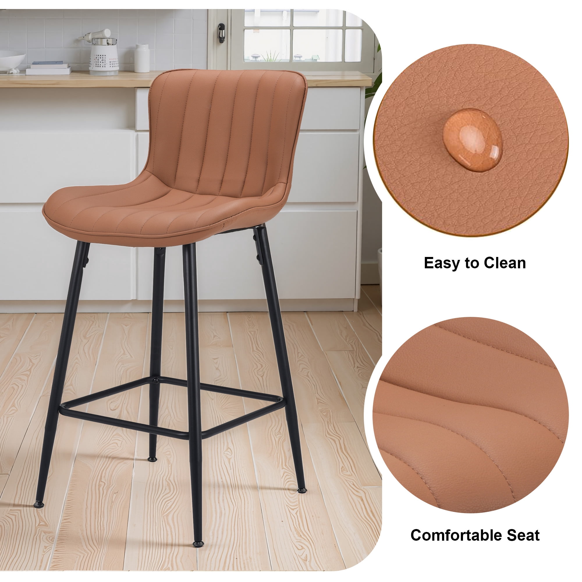 MAYEERTY Brown 2-Pack Faux Leather Counter Bar Stools, Modern Design for Kitchen Islands & Dining Rooms