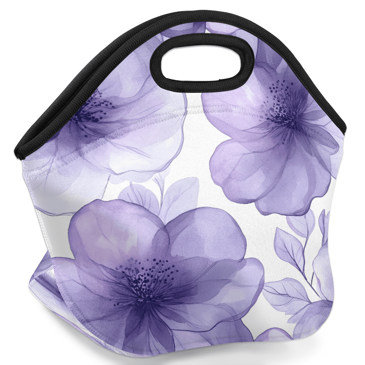 Herdesigns Purple Insulated Lunch Bag Neoprene Lunch Box for Women Men Soft Cooler Bag Floral Washable Lunch Tote for Work Outdoor Picnic