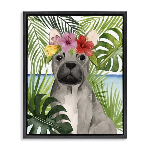 Stupell Industries Bohemian Tropical French Bulldog Black Floating Frame Canvas Art, 17 x 21, by Grace Popp