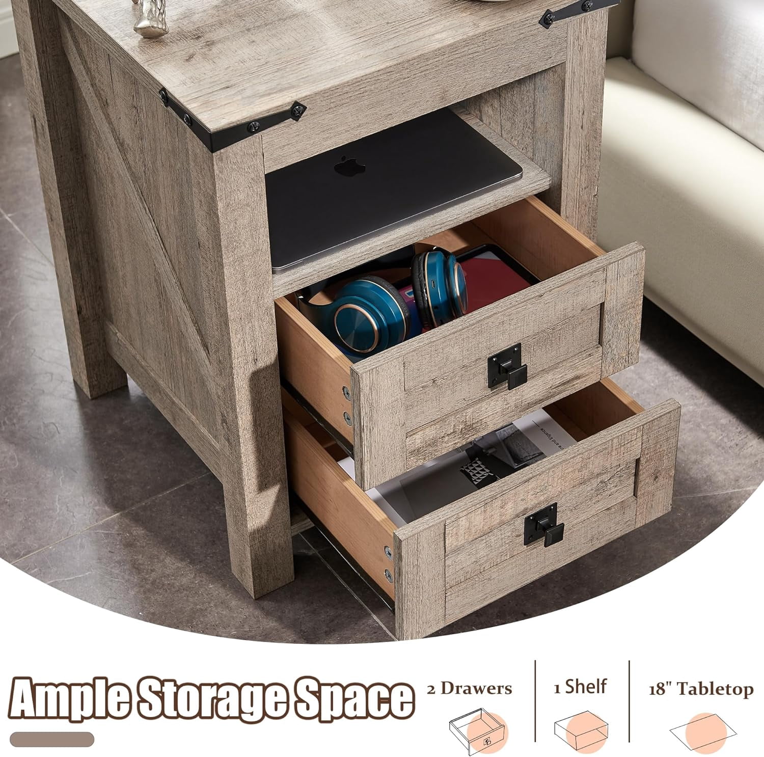 OKD Farmhouse Nightstand Set of 2 with Charging Station, 2-Drawer End Table, Light Rustic Oak