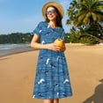 thumbnail image 4 of Picia Sharks on White Blue Striped Pattern Women's Short Sleeve Summer Dress Pleated Loose Swing Knee Length Short Sleeve Swing Dresses, 4 of 6