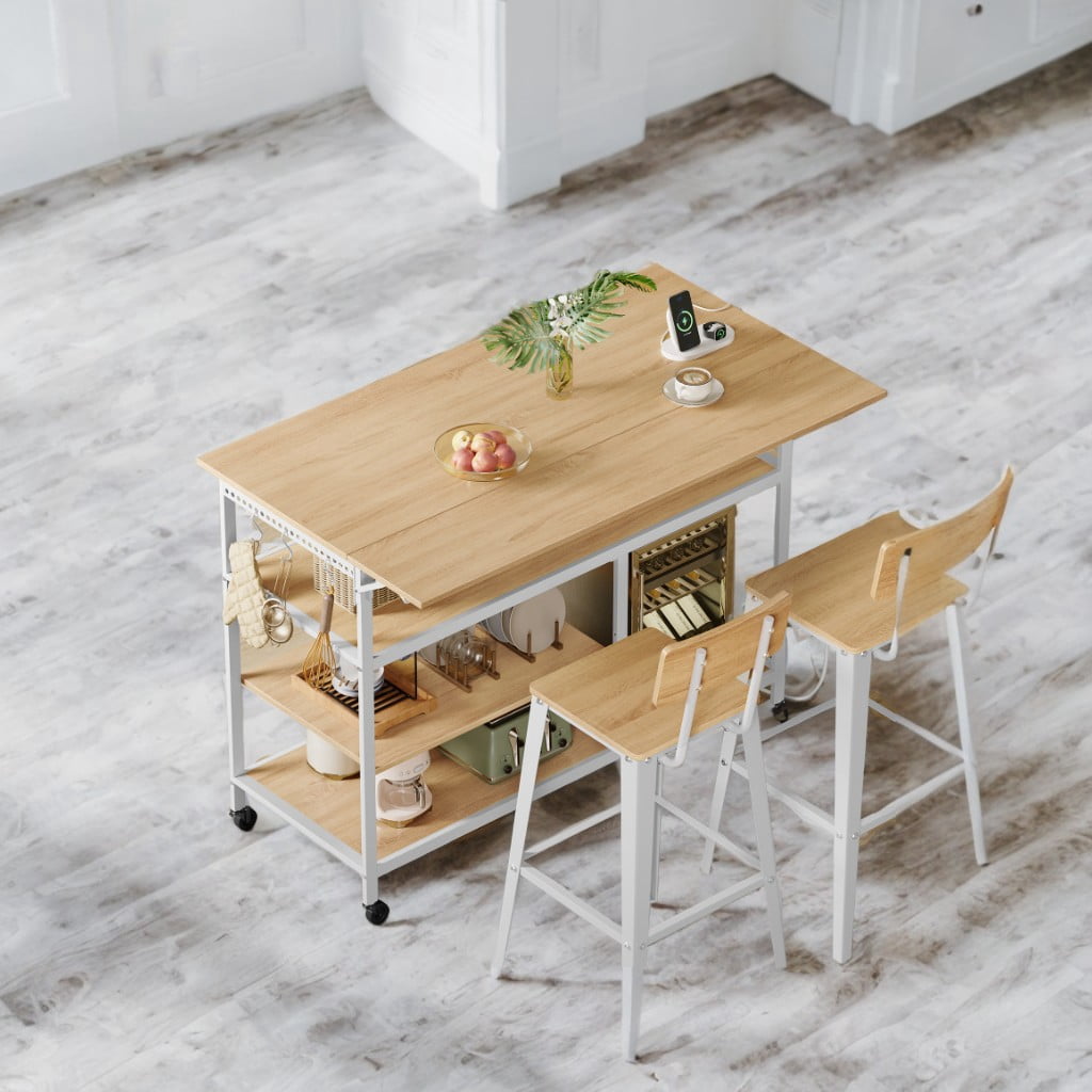 LEDREM Kitchen Island Cart with Extendable Worktop - 47.2" Wide, Power Strip, Adjustable Shelf & Pegboard, Locking Wheels, Golden Oak and White