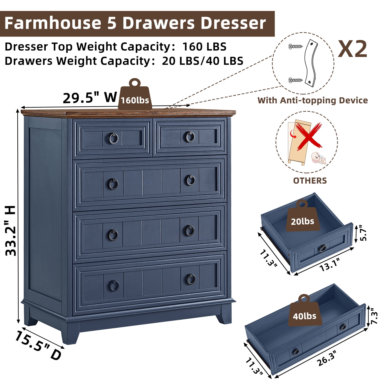 5 Drawer Blue Bedroom Dresser, Modern Vertical Dresser Drawers Wood Organizer for Living Room Entryway Small Spaces