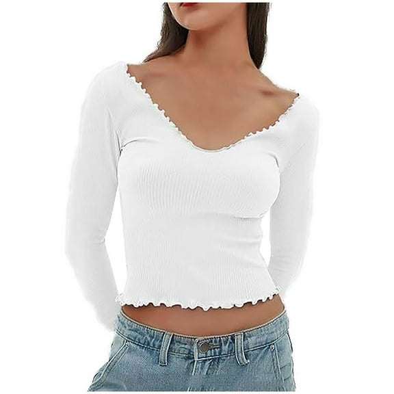 Spring Fall Fashion Ruffled Tops for Women Solid Color V Neck Slim Long Sleeve Knitted Sweater Ladies All-Match Shirt(White,XL)