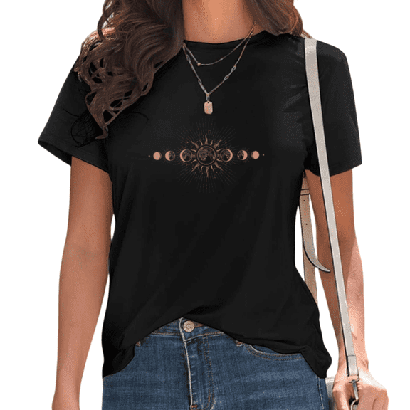 Womens Moon Phases Print Tshirt Graphic Tees Shirts Black Celestial Astrology Casual Daily Wear Mystical Gift Idea Tops S-5XL