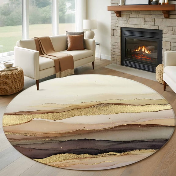 Marble Brown Gold Round Area Rug 6 FT, Non Slip Bedroom Area Rug, Abstract Watercolor Geometric Rock Washable Soft Circular Carpet Floor Mat for Kitchen Dining Room Home Office Kids Room