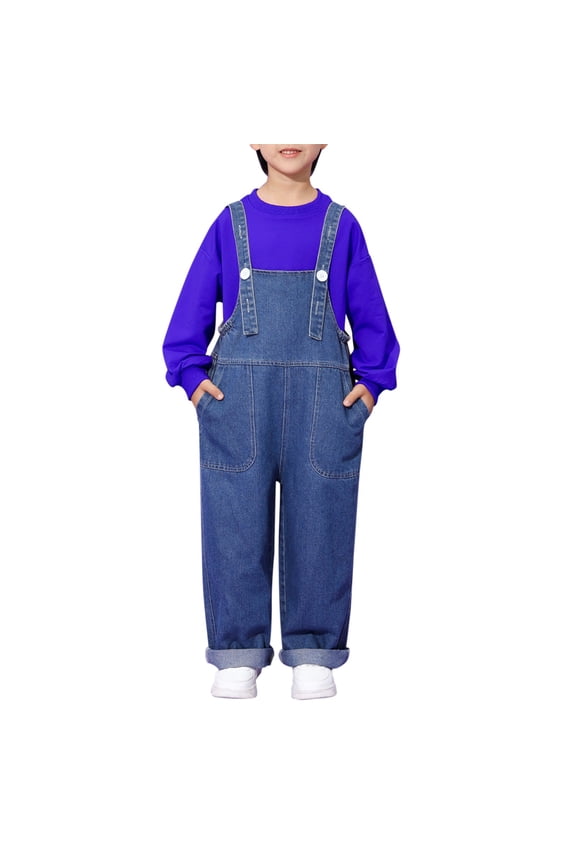 Teen Adjustable Strap Denim Overalls Boys Girls Baggy Wide Leg Aesthetic Jeans Jumpsuit Preppy Bib Overall with Pocket (Blue, 7-8 Years)