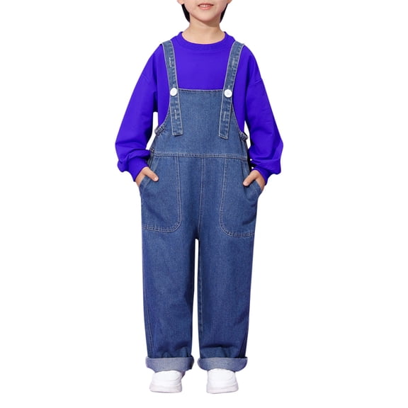 UACY Teen Adjustable Strap Denim Overalls Boys Girls Baggy Wide Leg Aesthetic Jeans Jumpsuit Preppy Bib Overall with Pocket (Blue, 9-10 Years)