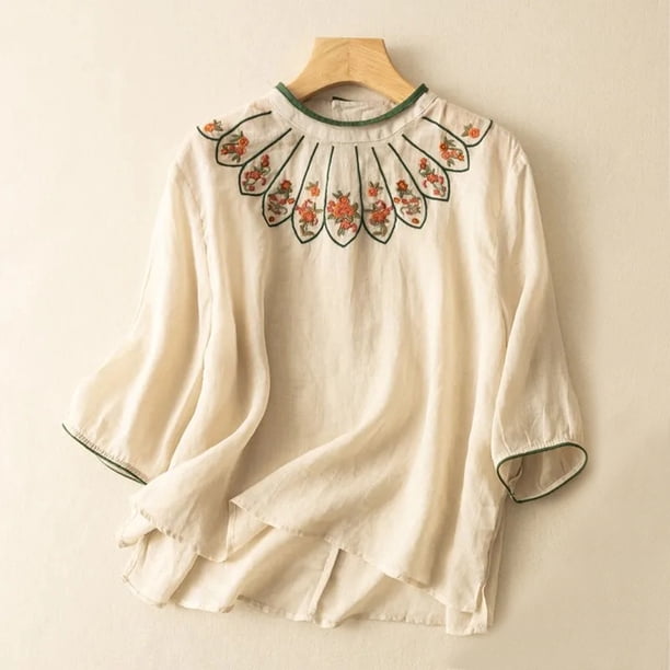 Fiudx Ofertas de La Semana Top de Manga Corta con Cuello Redondo y Lino Bordado Renacentista para Mujer Tops de Cuello Redondo de Manga Corta