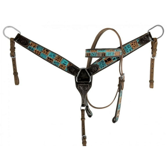 Showman Browband Leather Headstall & Breast Collar Set w/ Teal Gator Patchwork